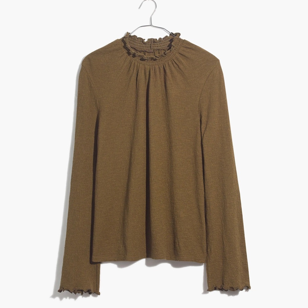 Madewell Texture & Thread Ruffle Mock Neck Top Small Olive Green Victorian